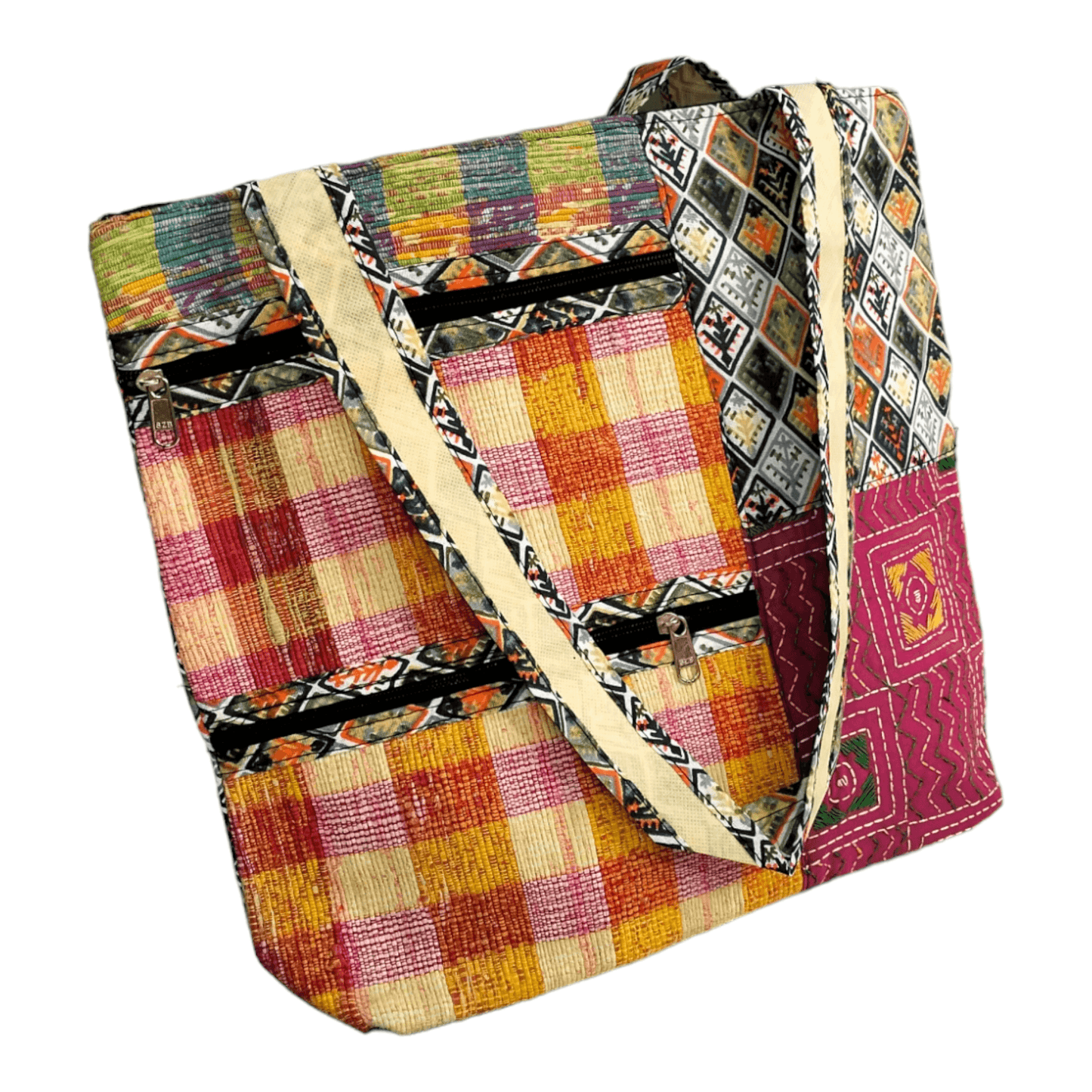 Stylish colorful cotton shantiniketan tote bag for women with zipper - AP BAG BHANDAR