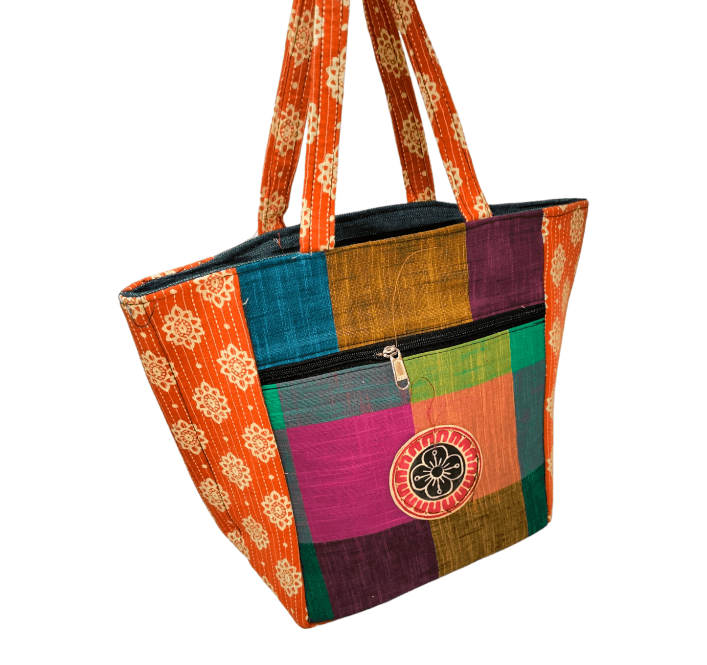 Stylish colorful cotton shantiniketan tote bag for women with zipper - AP BAG BHANDAR