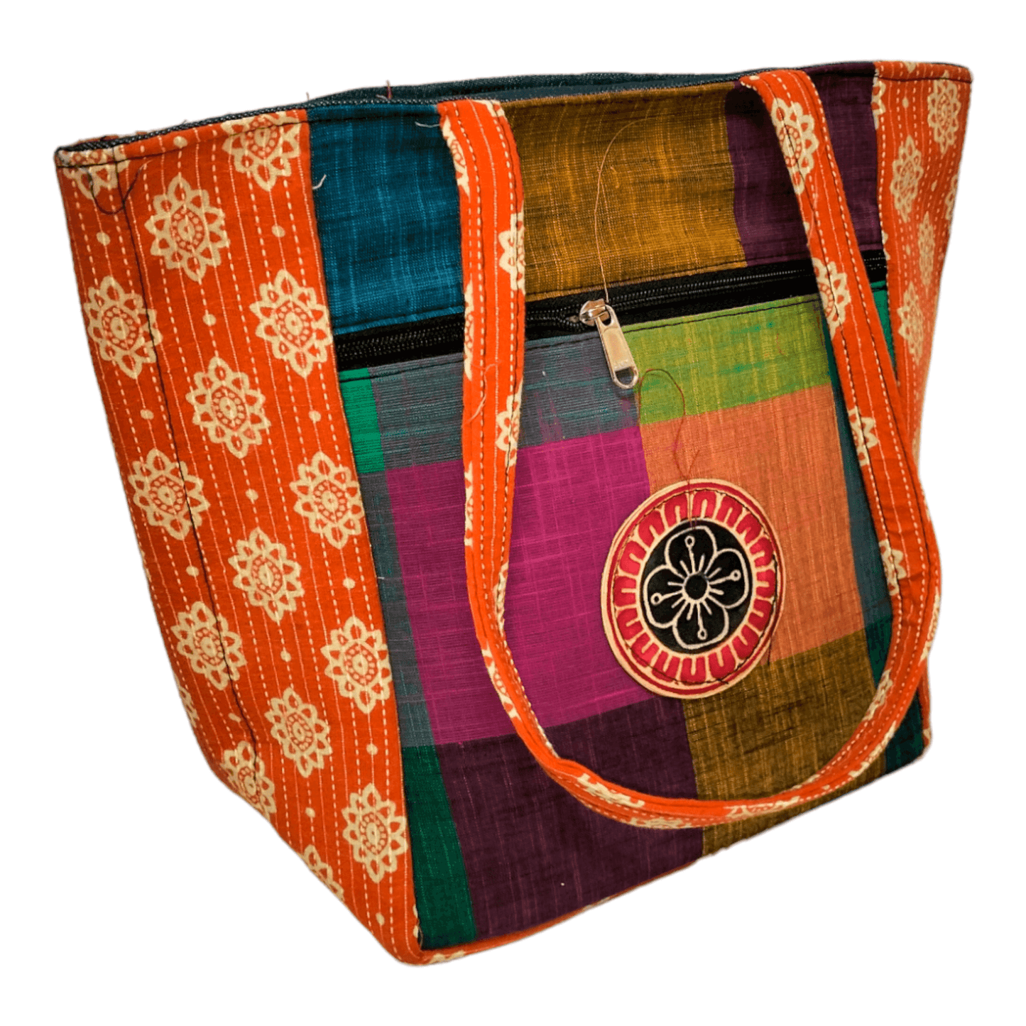 Stylish colorful cotton shantiniketan tote bag for women with zipper - AP BAG BHANDAR
