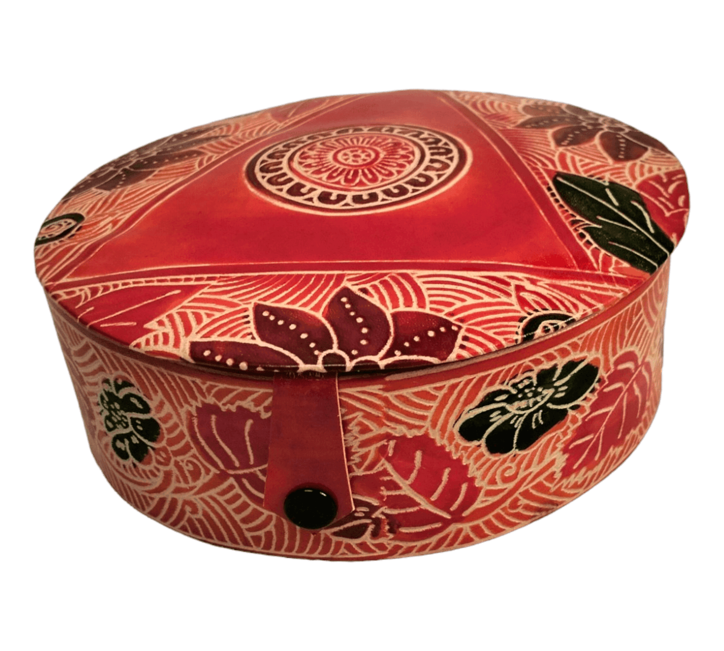 Traditional Shantiniketan Round Jewelry Box for Women - Handcrafted Ethnic Design - AP BAG BHANDAR
