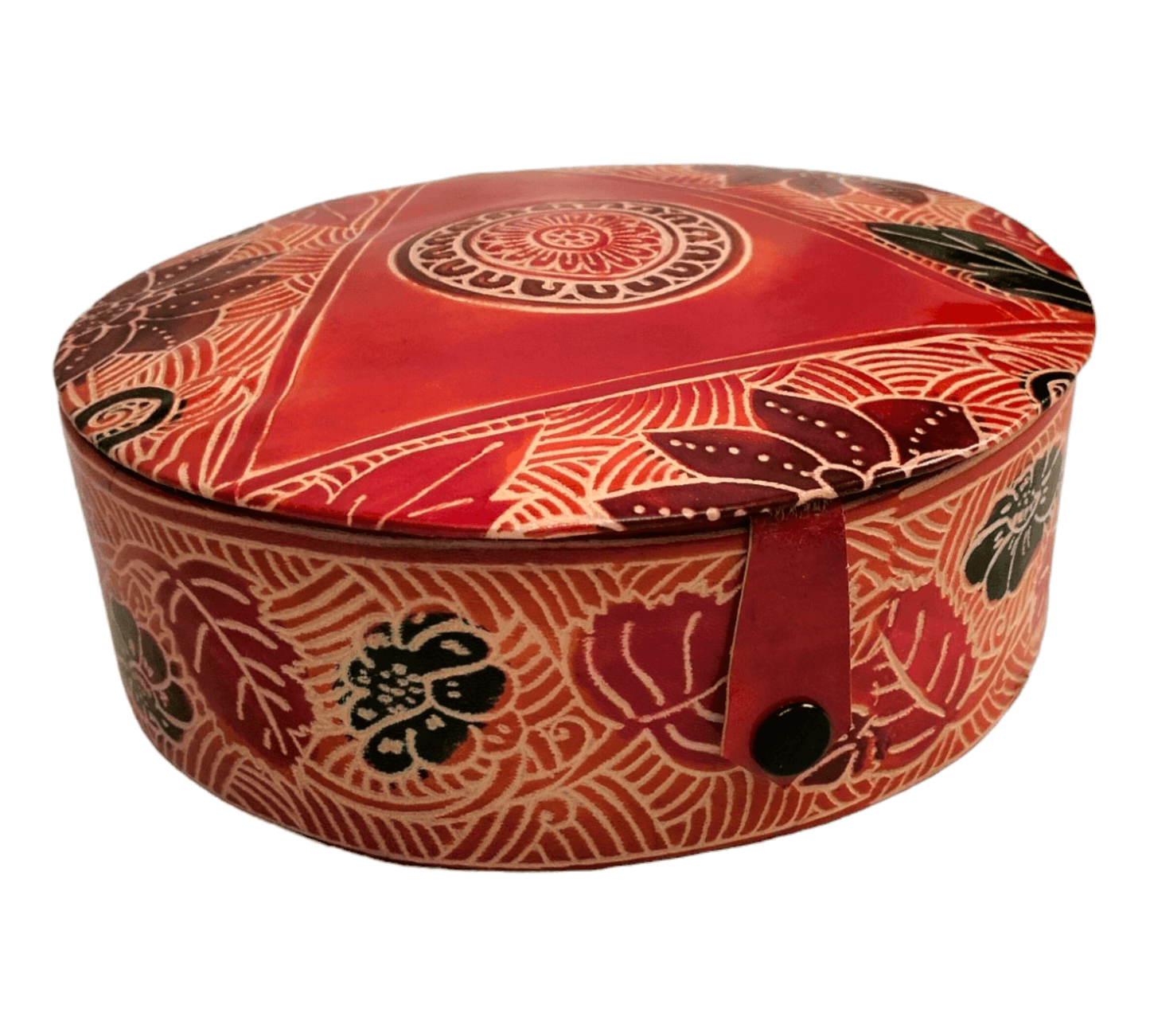 Traditional Shantiniketan Round Jewelry Box for Women - Handcrafted Ethnic Design - AP BAG BHANDAR