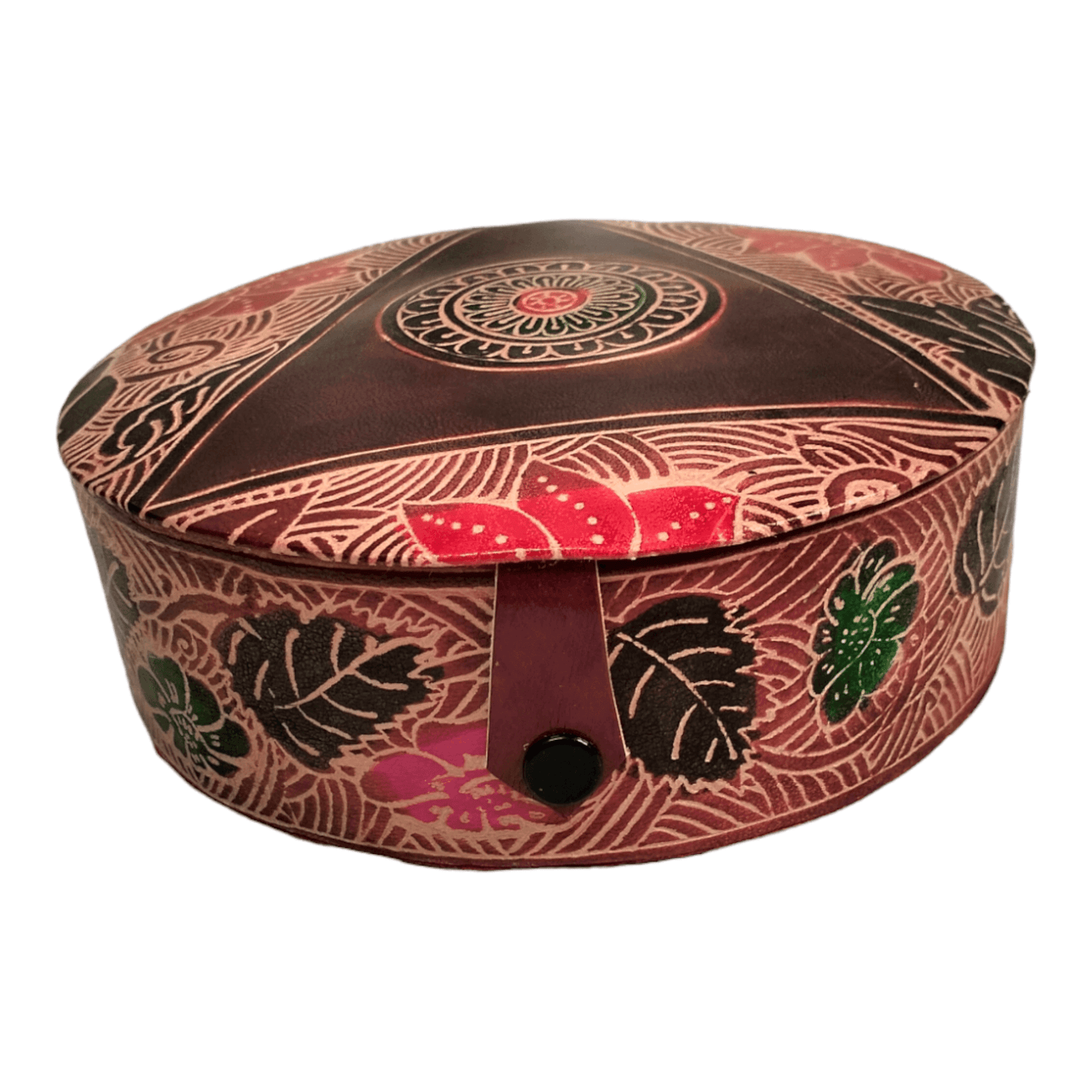 Traditional Shantiniketan Round Jewelry Box for Women - Handcrafted Ethnic Design - AP BAG BHANDAR