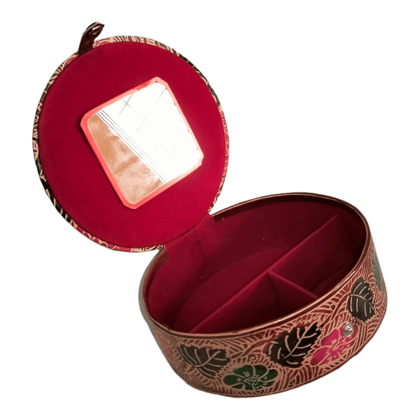 Traditional Shantiniketan Round Jewelry Box for Women - Handcrafted Ethnic Design - AP BAG BHANDAR