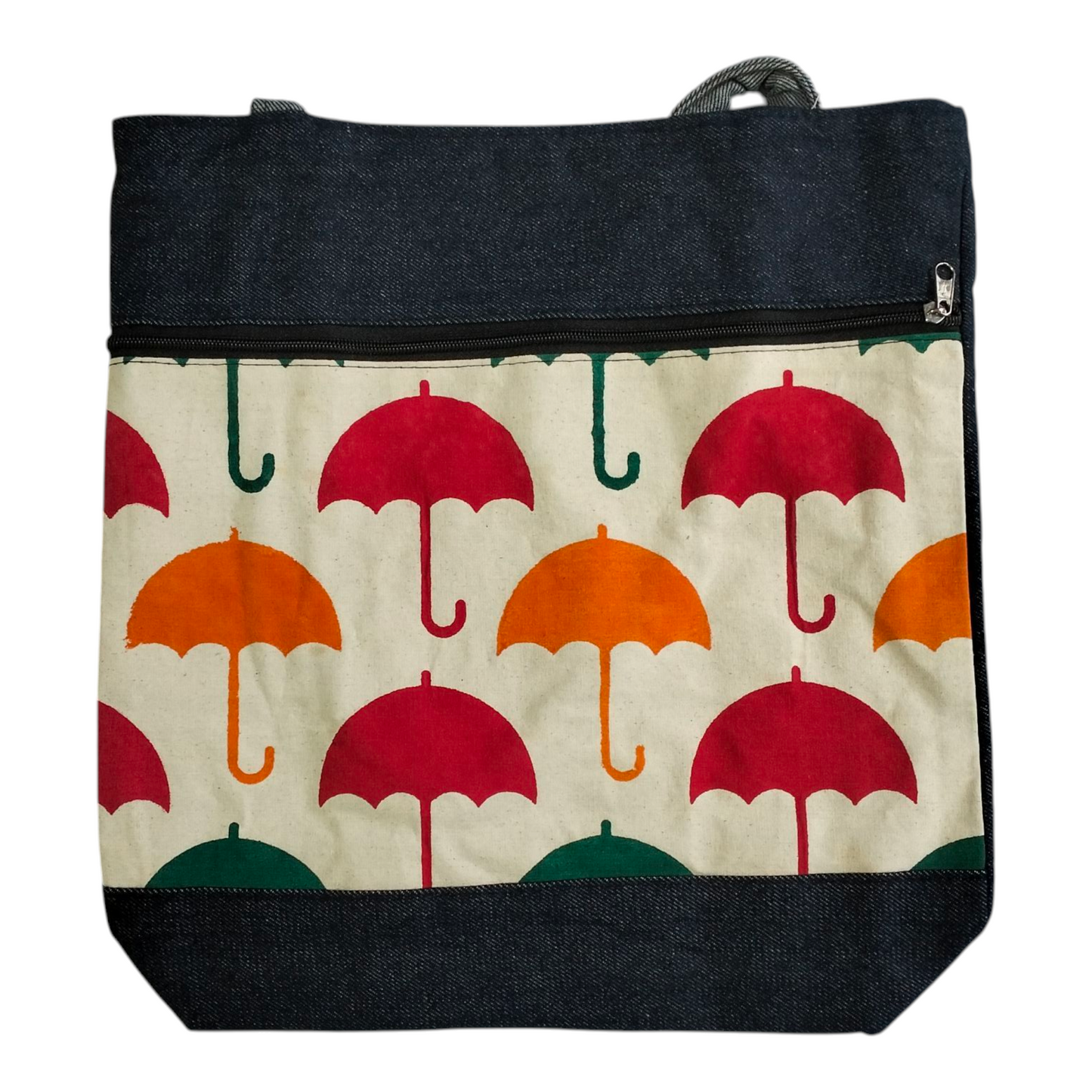Colorful Umbrella Design Shantiniketan Style Tote Bag-Jeans Material