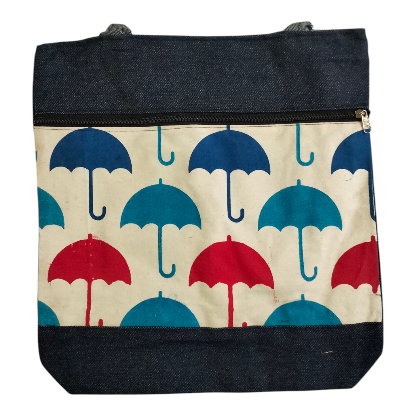 Colorful Umbrella Design Shantiniketan Style Tote Bag-Jeans Material