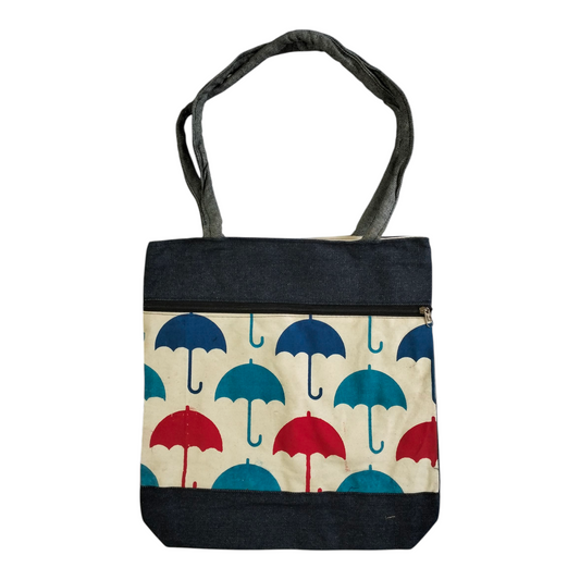 Colorful Umbrella Design Shantiniketan Style Tote Bag-Jeans Material