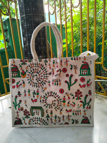 Shantiniketan Jute Tote Bag - Spacious Printed Design Eco-Friendly