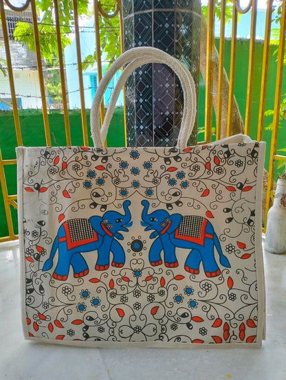 Jute Tote Bag Shantiniketan Style - Spacious Printed Design Eco-Friendly