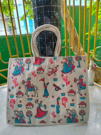 Jute Tote Bag Shantiniketan Style - Spacious Printed Design Eco-Friendly