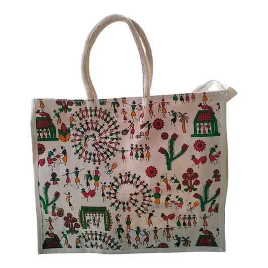 Shantiniketan Jute Tote Bag - Spacious Printed Design Eco-Friendly