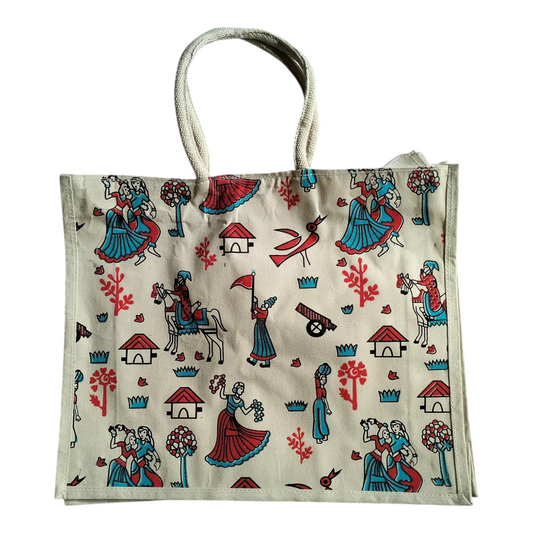 Jute Tote Bag Shantiniketan Style - Spacious Printed Design Eco-Friendly