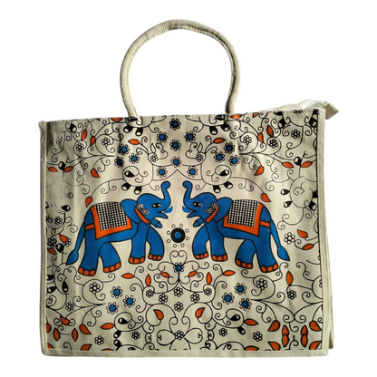 Jute Tote Bag Shantiniketan Style - Spacious Printed Design Eco-Friendly