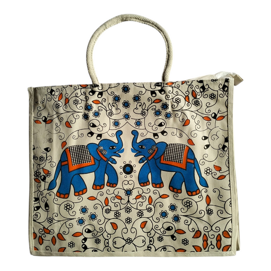 Jute Tote Bag Shantiniketan Style - Spacious Printed Design Eco-Friendly